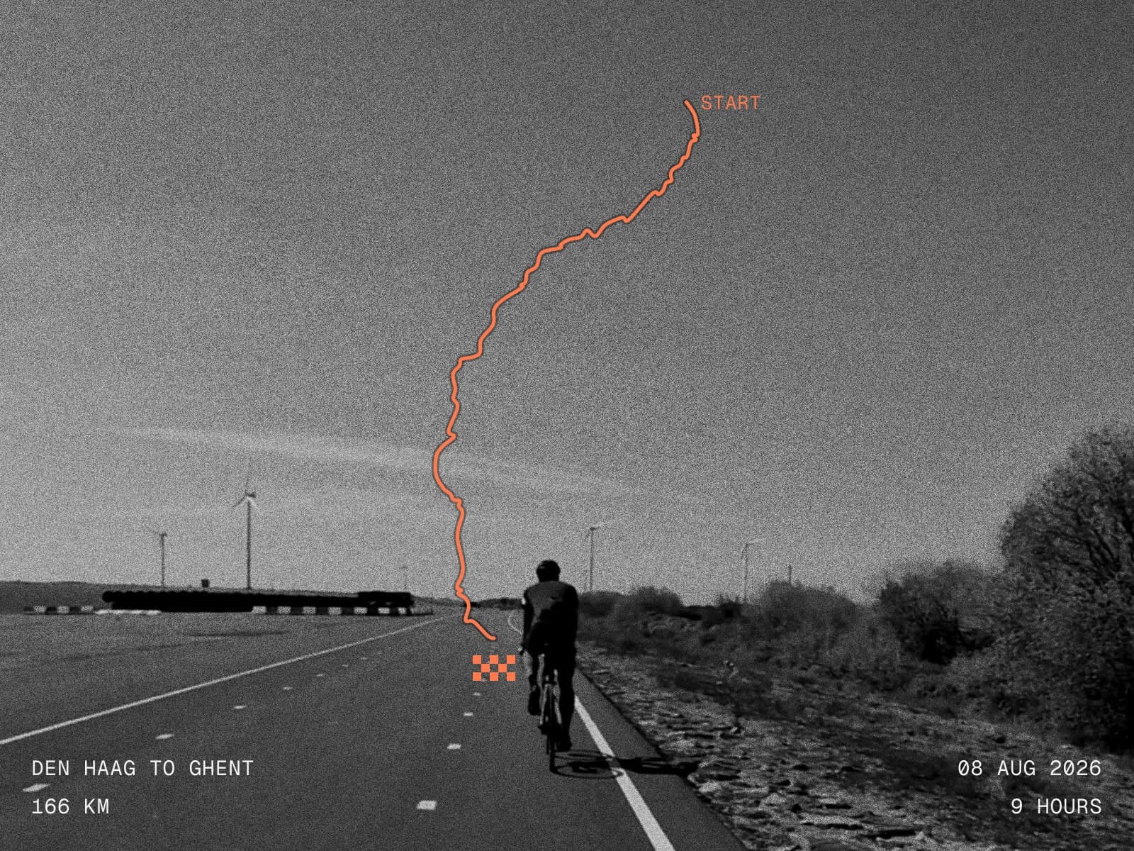 Den Haag to Ghent route, drawn over a rider on a coastal road from behind