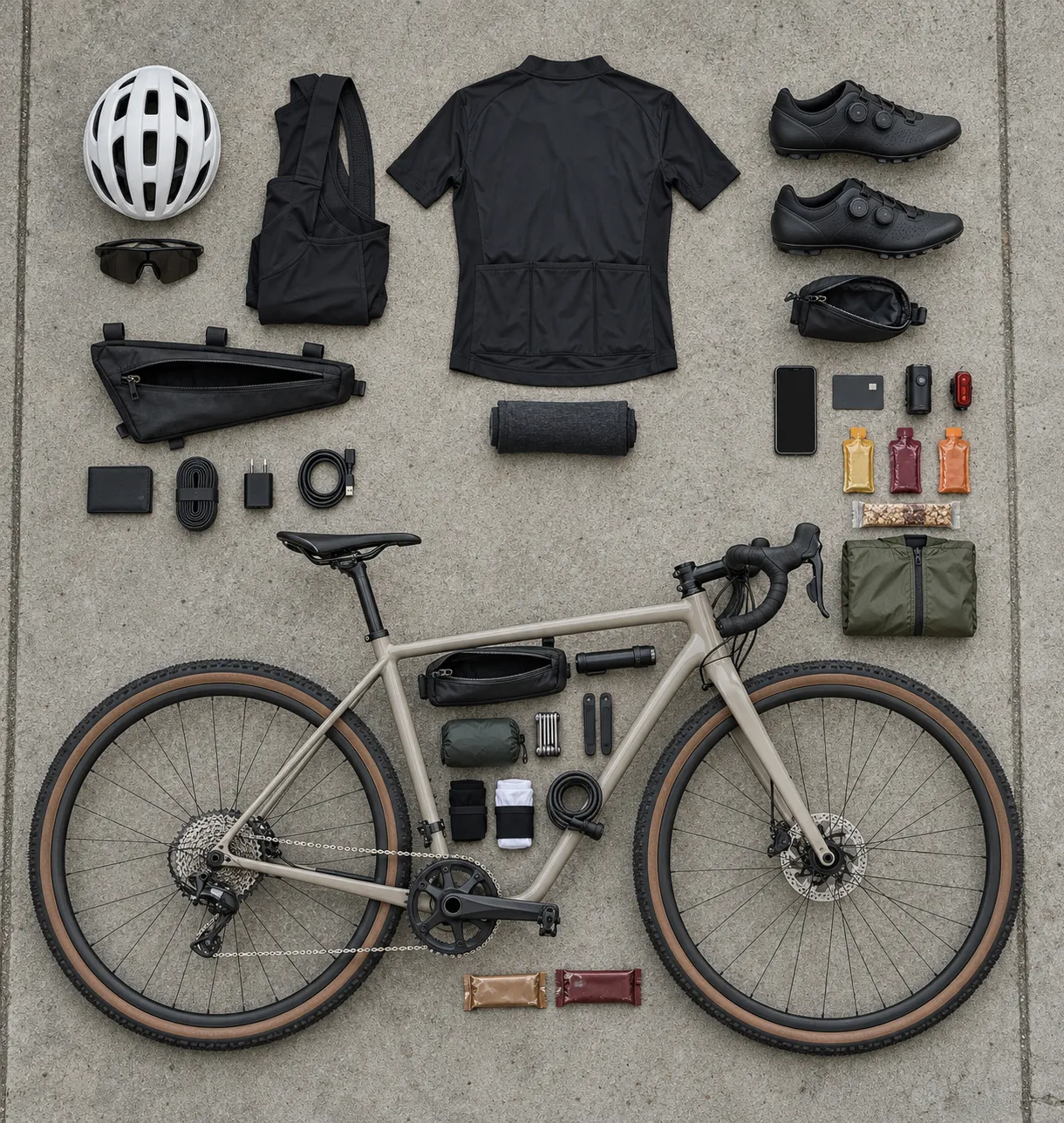 Load for a trip that fits, laid out beside the bike, from above