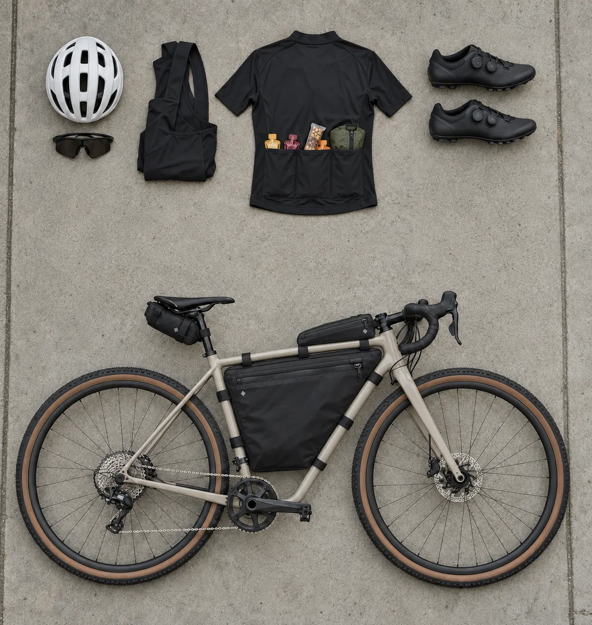 Bike packed, jersey pockets, top tube bag, half-frame bag and saddle bag, from above